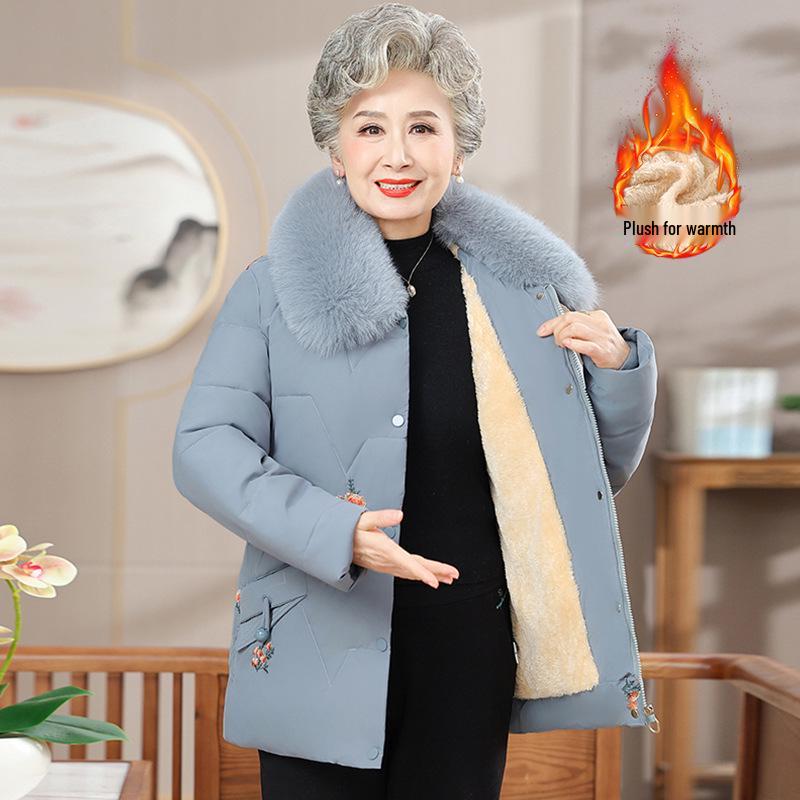 Plus Velvet Winter Jacket with Fur Collar for Elderly Women - Thickened Cotton Padded Coat for Middle-Aged & Senior Ladies