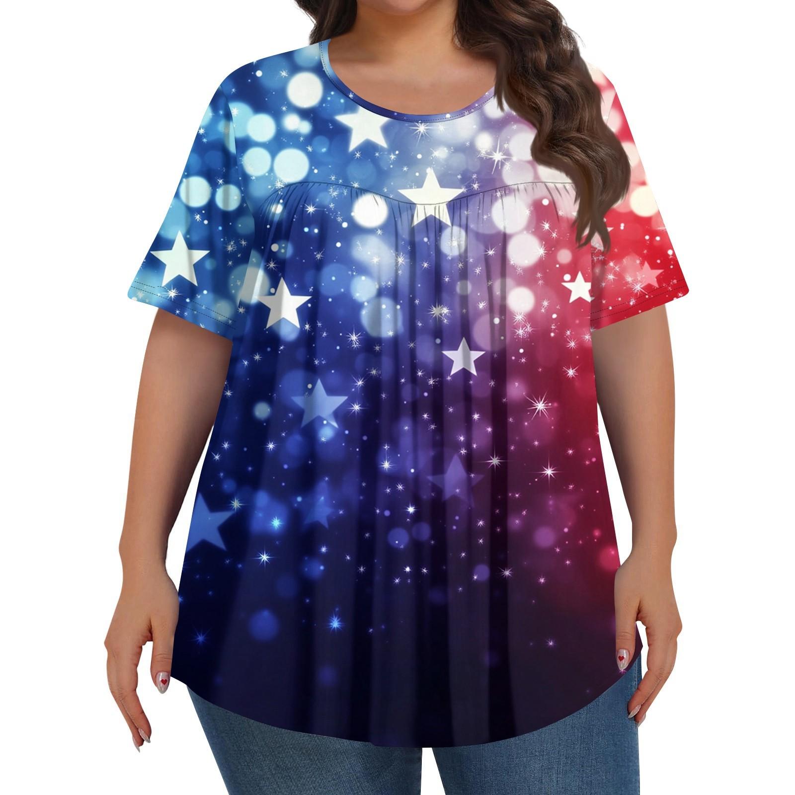 

Женская мода больших размеров, повседневный топ с короткими рукавами и принтом «День независимости», с круглым вырезом и складками спереди XXXL