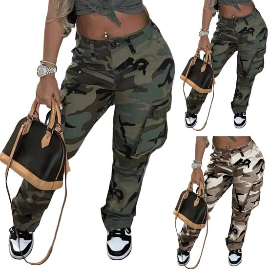 Dame Camo Print Cargobukser Høy Midje Vide Ben Baggy Streetwear Casual Kamuflasje Militærbukser med Lommer