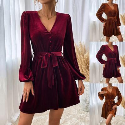 Women's Casual Fashion V-neck Waist A-line Skirt Long Sleeved Velvet Sexy Banquet Dress