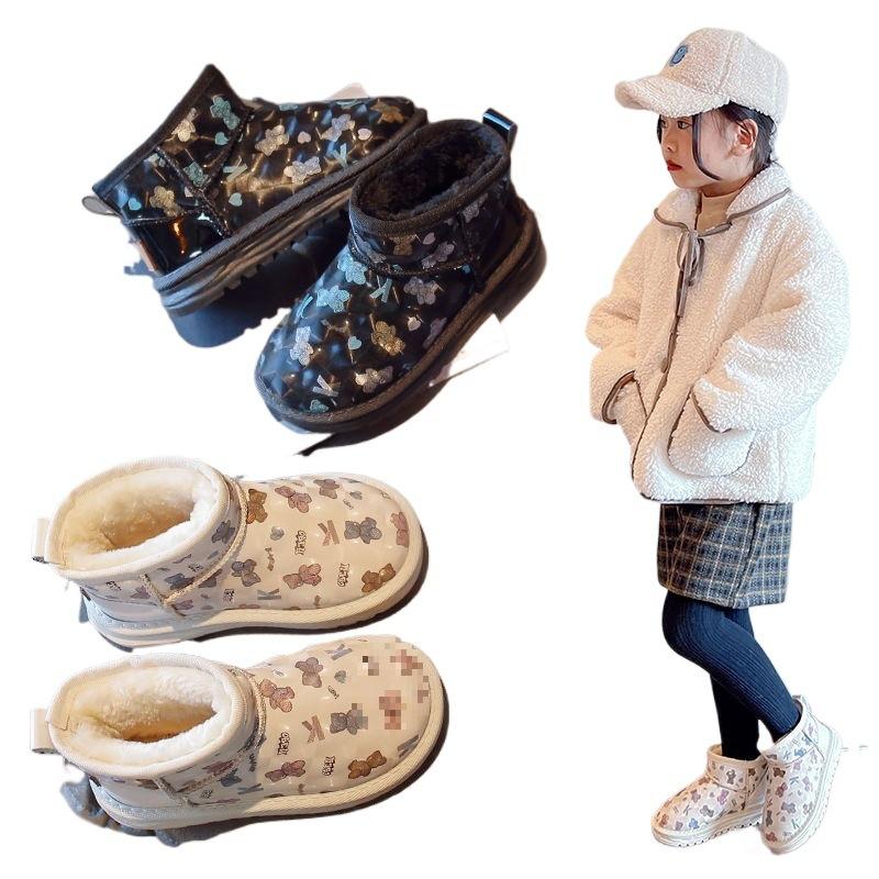 Girls' Warm Bear Snow Boots 2025 Winter Children's Piled Thickened Cotton Shoes Medium and Large Children's Boys' Leather Boots