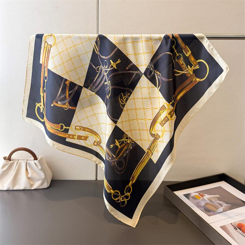 Luxury Brand 2026 Chain Print Square Silk Scarf for Women Hijab Hair Bands 70cm Neckerchief Female Satin Shawl Ribbon Headband
