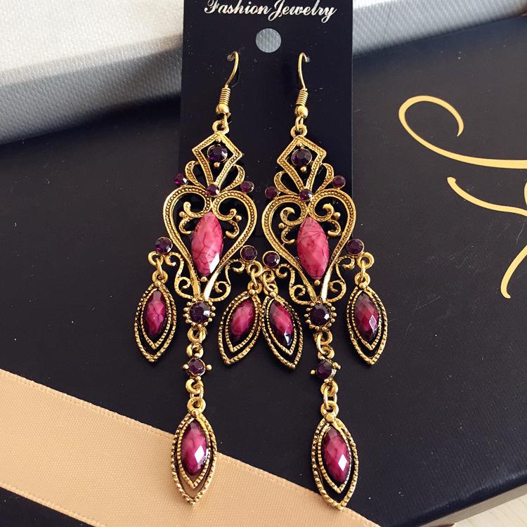 Vintage court gem set earrings long temperament bohemian earrings niche earrings women