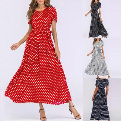 Mode Frauen Kurzarm Strand Polka Dot Bandage Lange Maxi Kleid