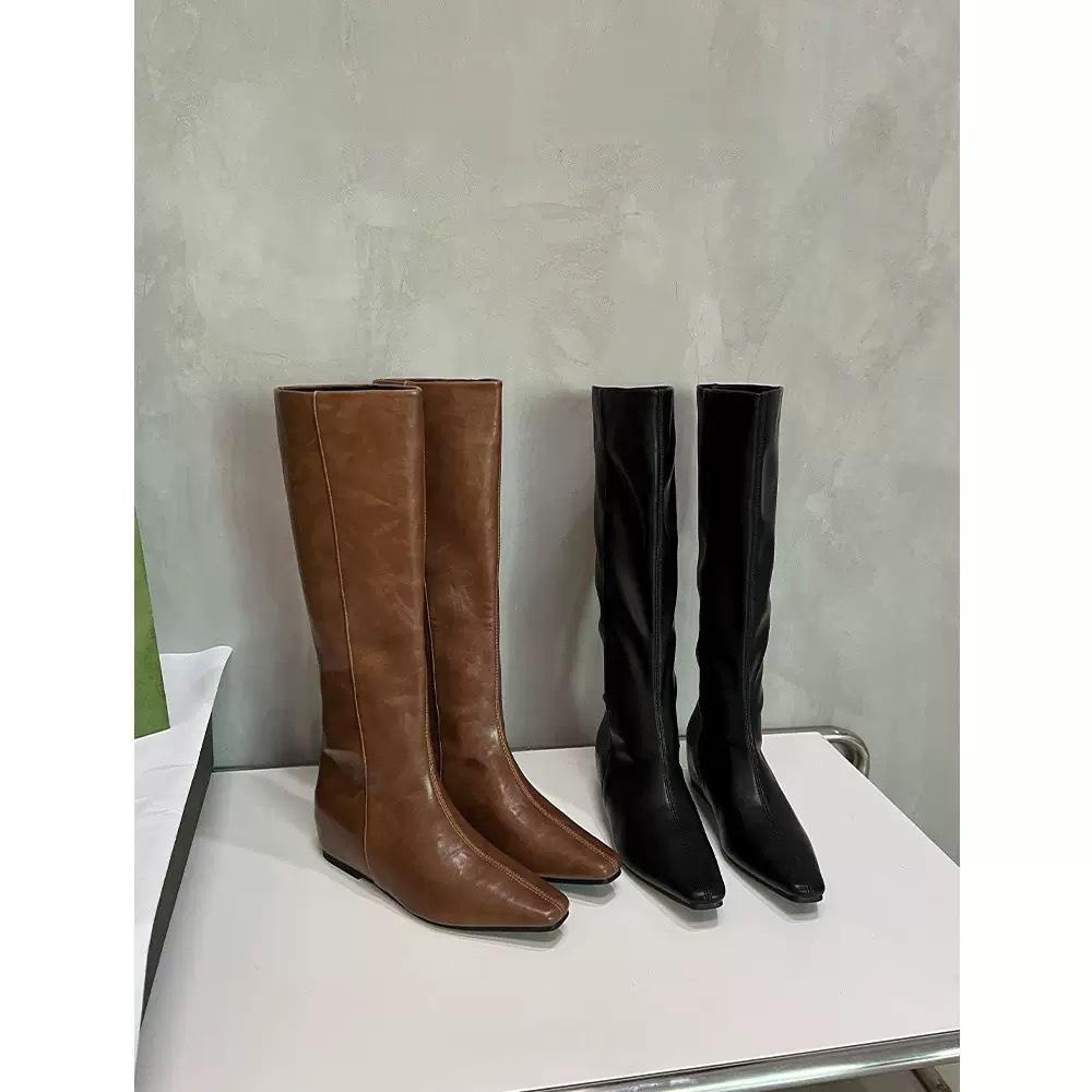 Not tired feet square head boots women's autumn and winter but knee knight boots black brown inner height-increasing leather boots