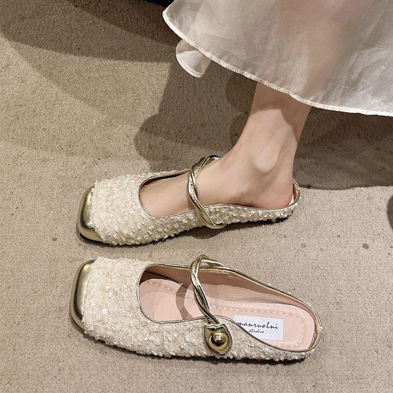 Xiaoxiangfeng Korean version temperament Mary Jane single shoes women's 2025 summer French sequined silver bag head half slippers