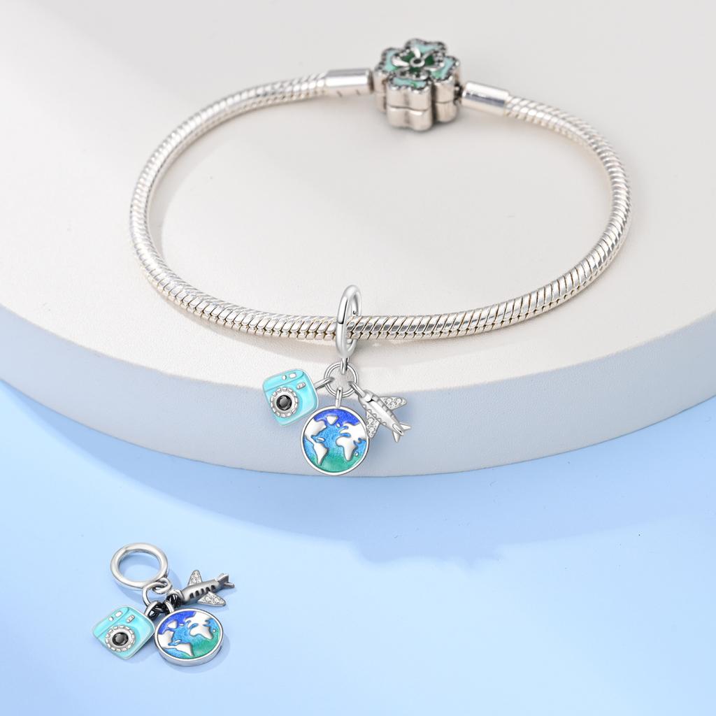 Original Copper Charms Luxury Blue Camera Pendant Travel Airplane Beads Fit Bracelet Diy Women Making Delicate Gift