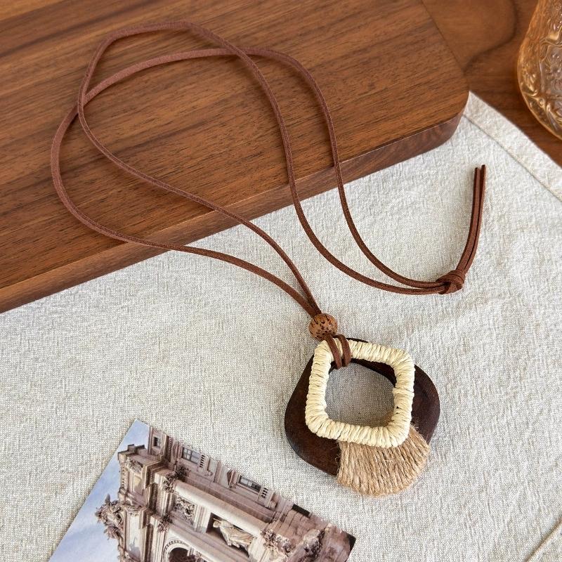 Trendy Boho Hol Hout Dikke Geometrie Bamboe Gewricht Hanger Lang Verstelbaar Koord Trui Ketting Ketting Voor Vrouwen Bedels Sieraden