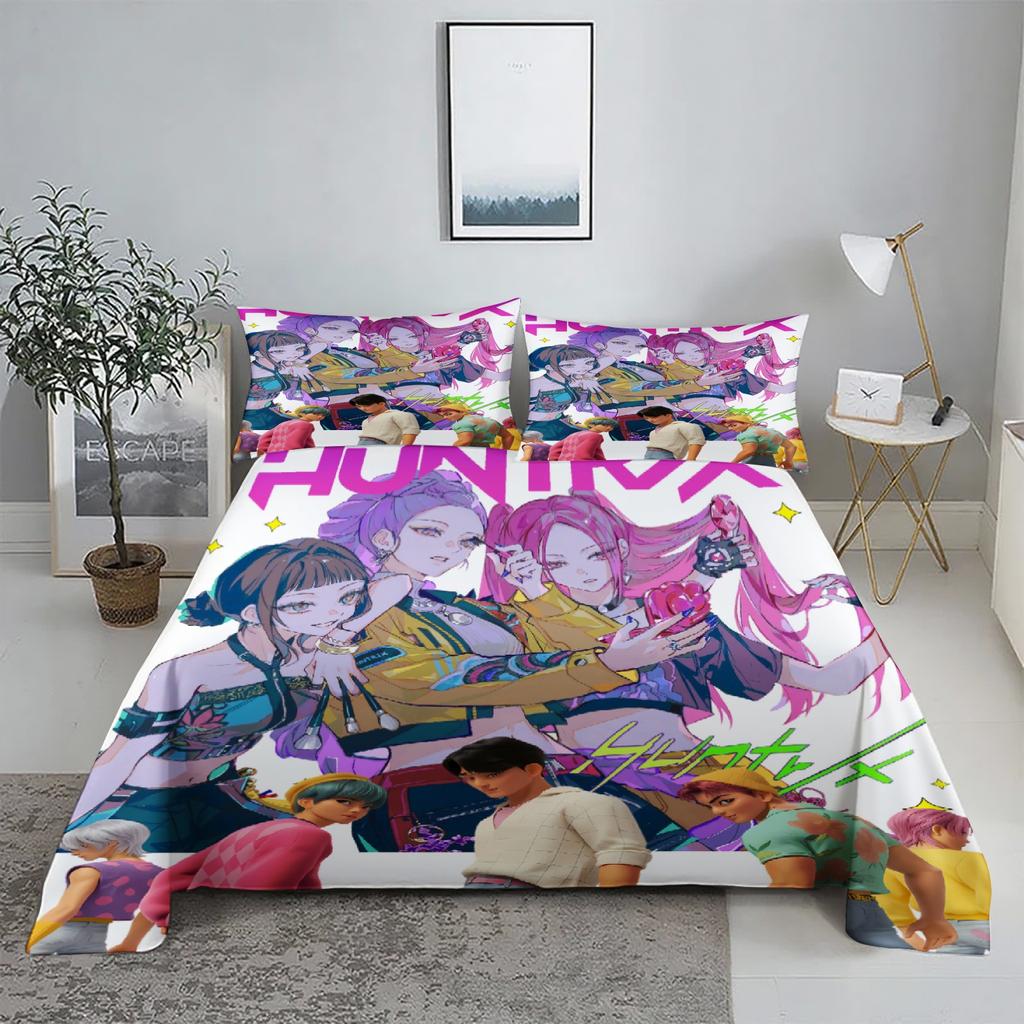 Golden Demon Hunters K-pop Bed Sheet Set 3D Printed Bed Flat Sheet With Pillowcase Bed Linen King Queen Size