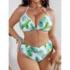 New plus size swimsuit female sexy printed bikini three-piece mesh blouse slimming swimsuit set swimsuit