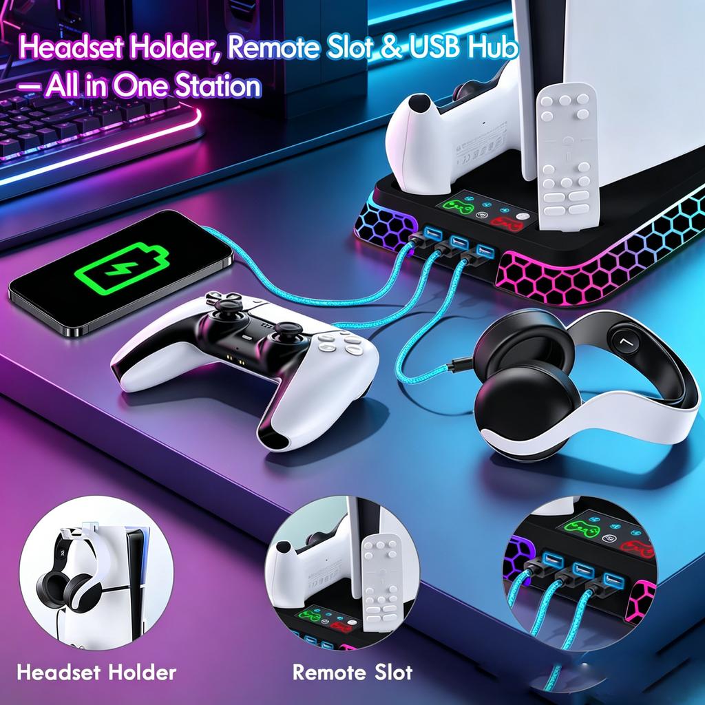 For All-in-One Cooling Stand Base PS5/PS5 Slim/PS5 Pro Model with RGB Lighting Effects Storage Function and Controller Base