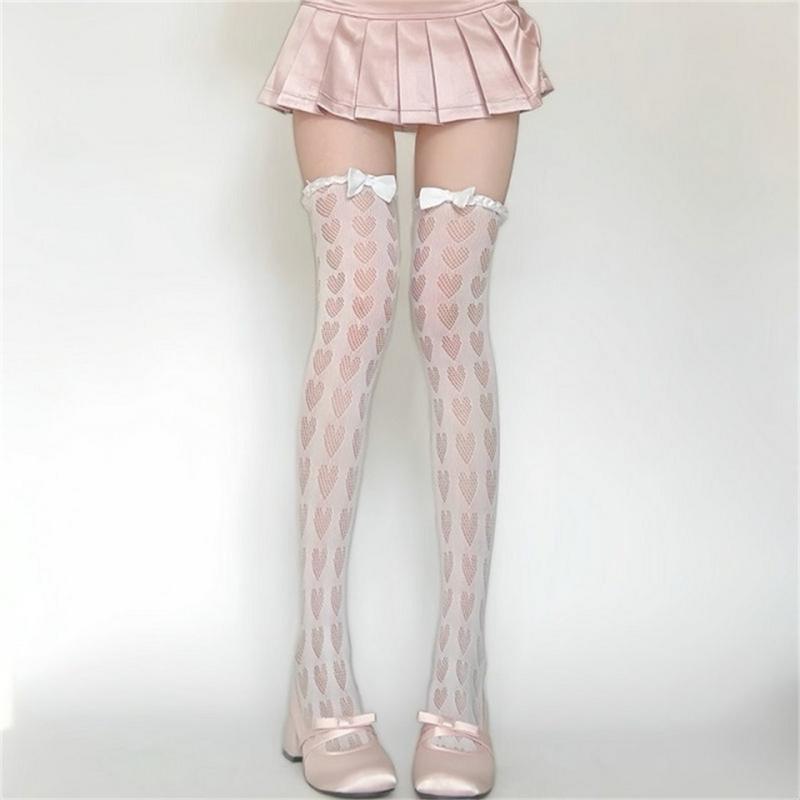 Women's Mesh Lace Long Stockings with Romantics Heart Detail And Ruffle Trim Bows Accent For Daily Wear Party Outfits