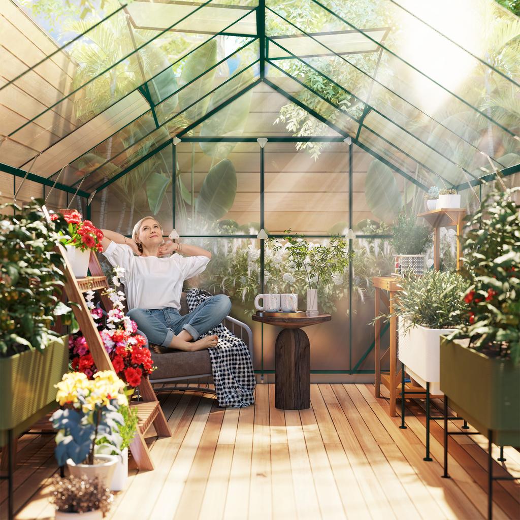 8 x 12ft Aluminium Greenhouse Polycarbonate Walk-in Garden Greenhouse Kit with Adjustable Roof Vent, Double Sliding Door, Rain Gutter and Foundation