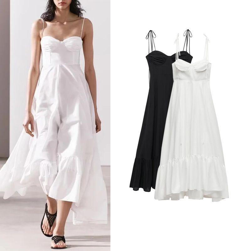 Spring White Fashion Heart-Shaped Collar Bows Camisole Laminated Decoration Poplin Dress 2673072