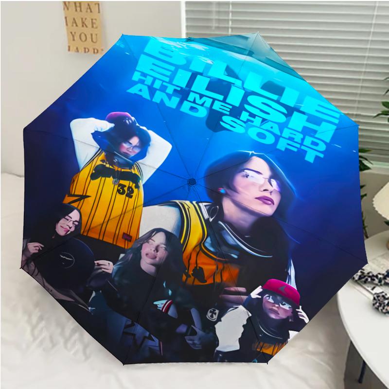 Singer Billie Eilish1 Print Automatic Umbrella, 8 Rib Iron Frame, Plastic Handle, Suitable for Outdoor Travel &Daily , Ideal Gift