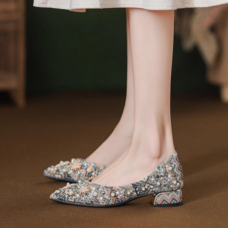 thick heel pointed French light mouth with skirt single shoes women's 2025 new four-season breathable evening shoes women's shoes non-slip