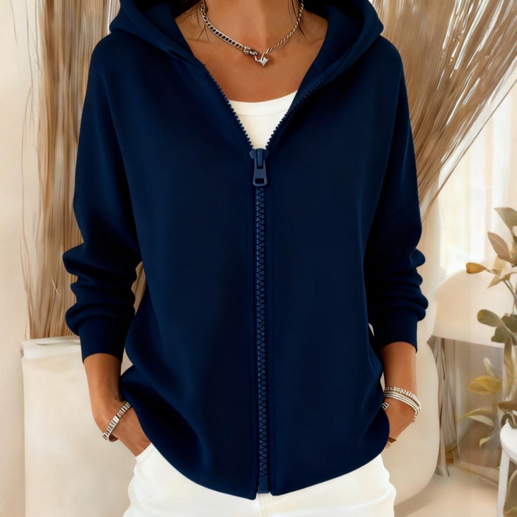 Fashionable Women's Loose Casual Solid Color Hooded Zippered Long Sleeve Jacket