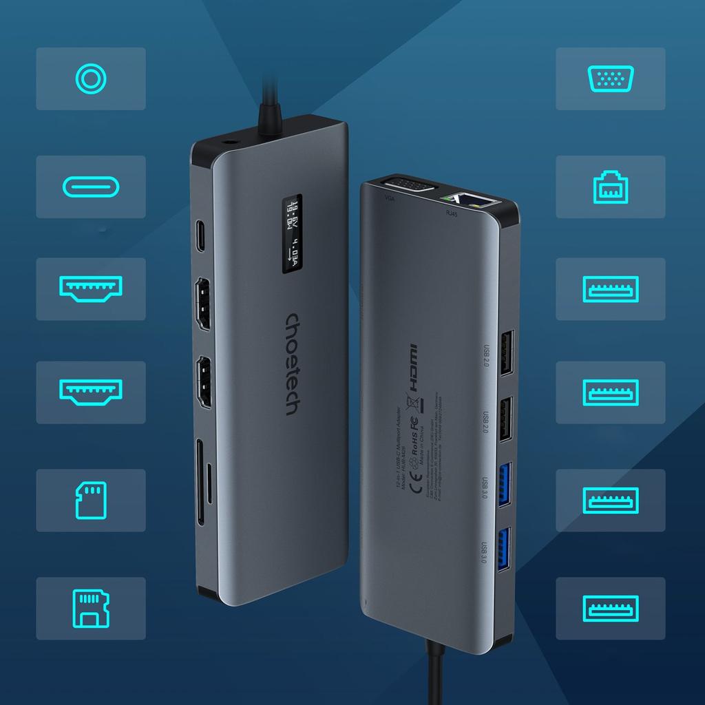 Choetech 12-in-1 USB-C Multiport Hub with Display - 1x USB-C, 4x USB-A, 2x HDMI, VGA, AUX, Memory Card Reader, Gray (HUB-M26)