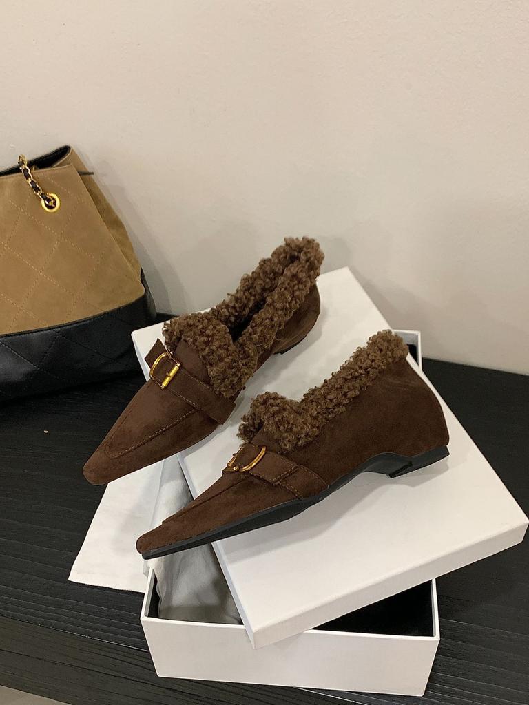 2025 Autumn and Winter Plush Shoes Women's Winter Pointed Head Inner Height Mary Jane Shoes Small Leather Shoes Loafers Women's Single Shoes Tide