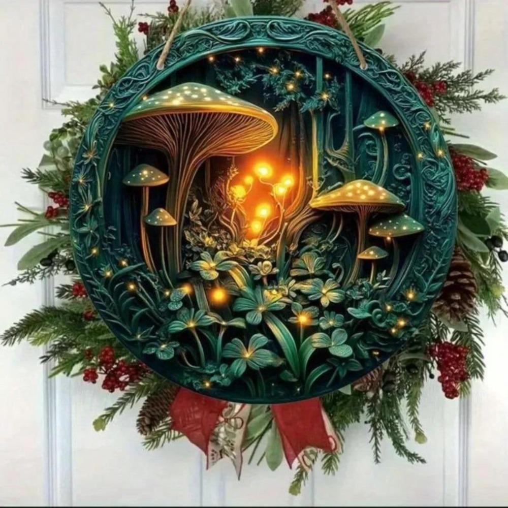 Metal Wall Art Forest Mushroom Pattern Round 2D Decor Dream Design