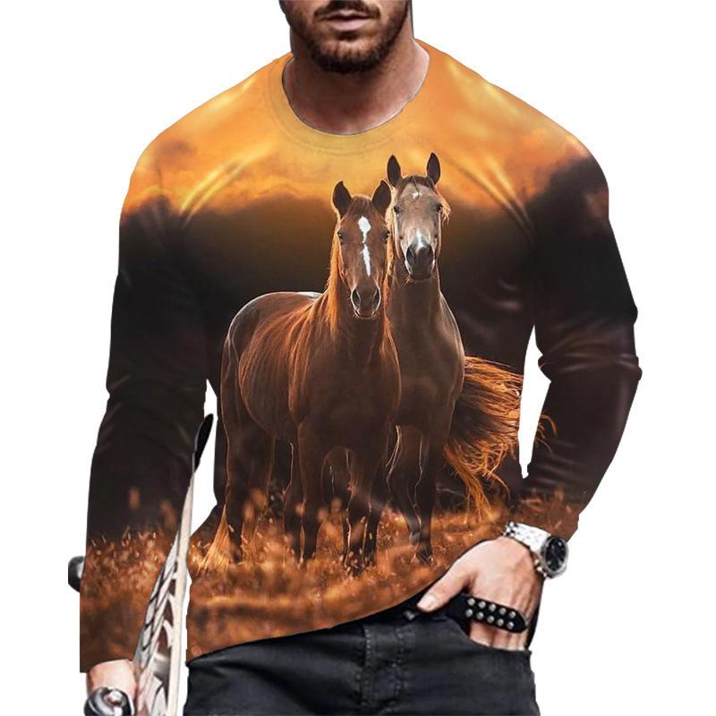 Spring and Autumn Round Neck Horse 3D Printed Top Fashionable Casual Long Sleeved Men's T-shirts