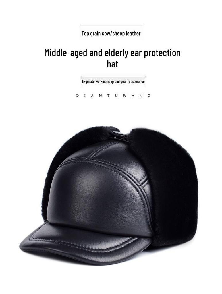 Men's Genuine Leather Winter Hat - Lei Feng Style with Ear Protection, Warm Cotton Lining for Middle-Aged and Elderly