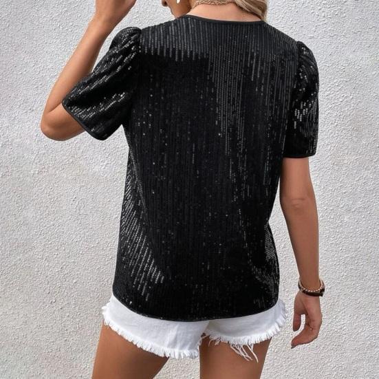 Women T-shirt V-Neck Short Sleeve Shiny Sequins Tee Shirt Loose Fit Summer Sexy Tops Holidays Parties Wear
