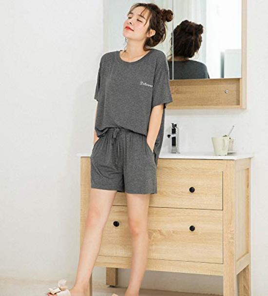 Oberteil und Hose Kurz Zimmer Bequem Crew Taille Kurze Ärmel Shorts [Mskikefly] Pyjama, Set, Ärmel, Kleidung, Damen, Loungewear, Nachtwäsche,