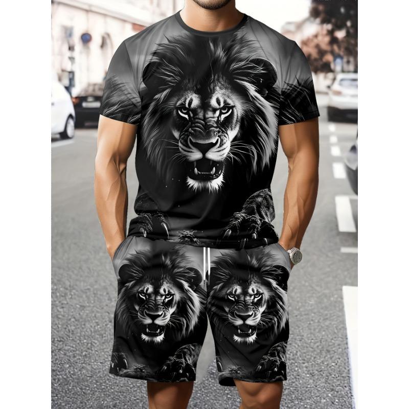 Men's 3D Lion Print Summer Set: Black & White Realistic Tee with Matching Shorts. Cool Streetwear for Holiday & Daily Wear
