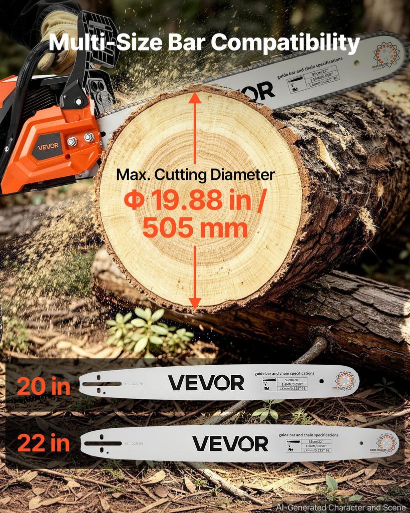 VEVOR Gas Powered Chainsaw 508 & 558.8 mm 62CC 2.7kW 2 Stroke Engine Saw, for Wood Cutting, Tree Trimming & Land Clearing