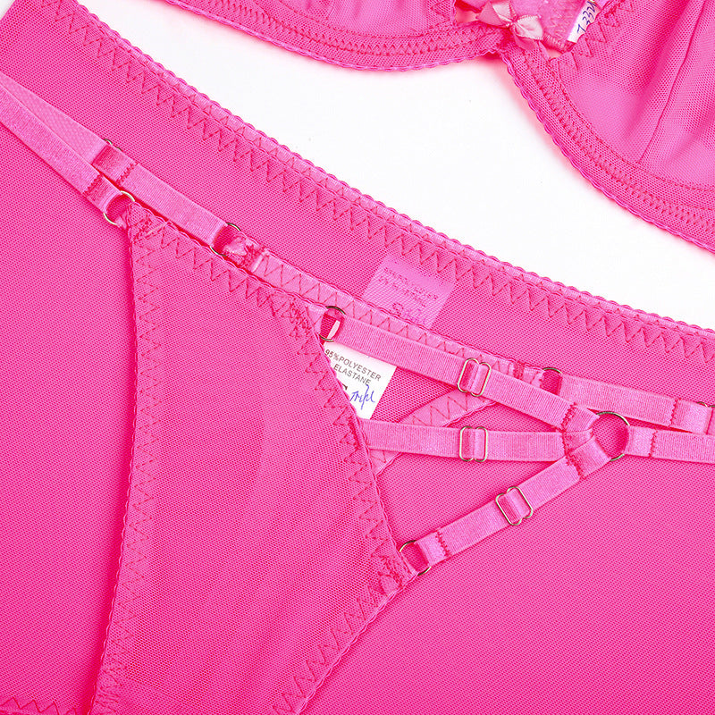 Cross Hollow Straps  Perspective Mesh Gathering Fun Lingerie Four Piece Set Other Women's Underwear