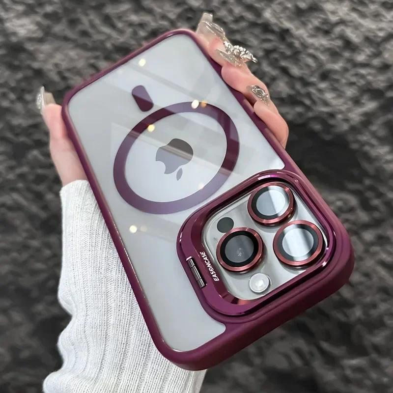 Magnetic Shockproof Phone Case For iPhone 16 16e 15 14 13 12 11 Pro Max For Magsafe Stand Glass Lens Protector Back Cover Funda