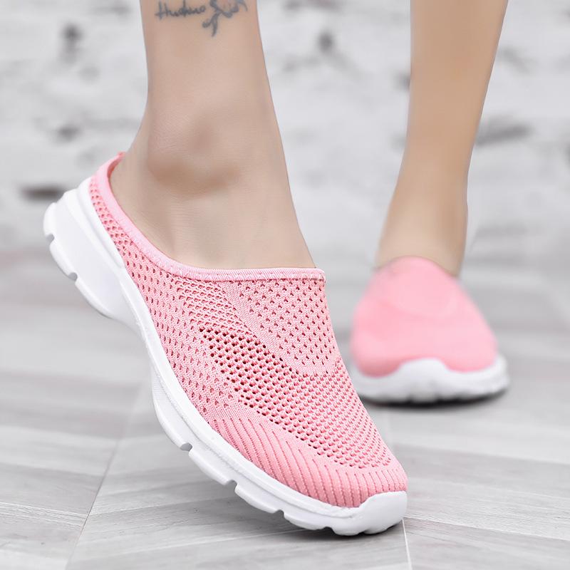 Unisex Slip-on Flats Round Toe Half Slippers Knitted Mesh Walking Shoes Lightweight Big Size 35-48 Leisure Shoes Anti-slip