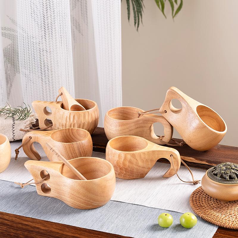 DIY Walnut Wooden Milk Cup Acacia Wood Salad Cup Solid Wood, Creative Mug with Handle Coffee Mug