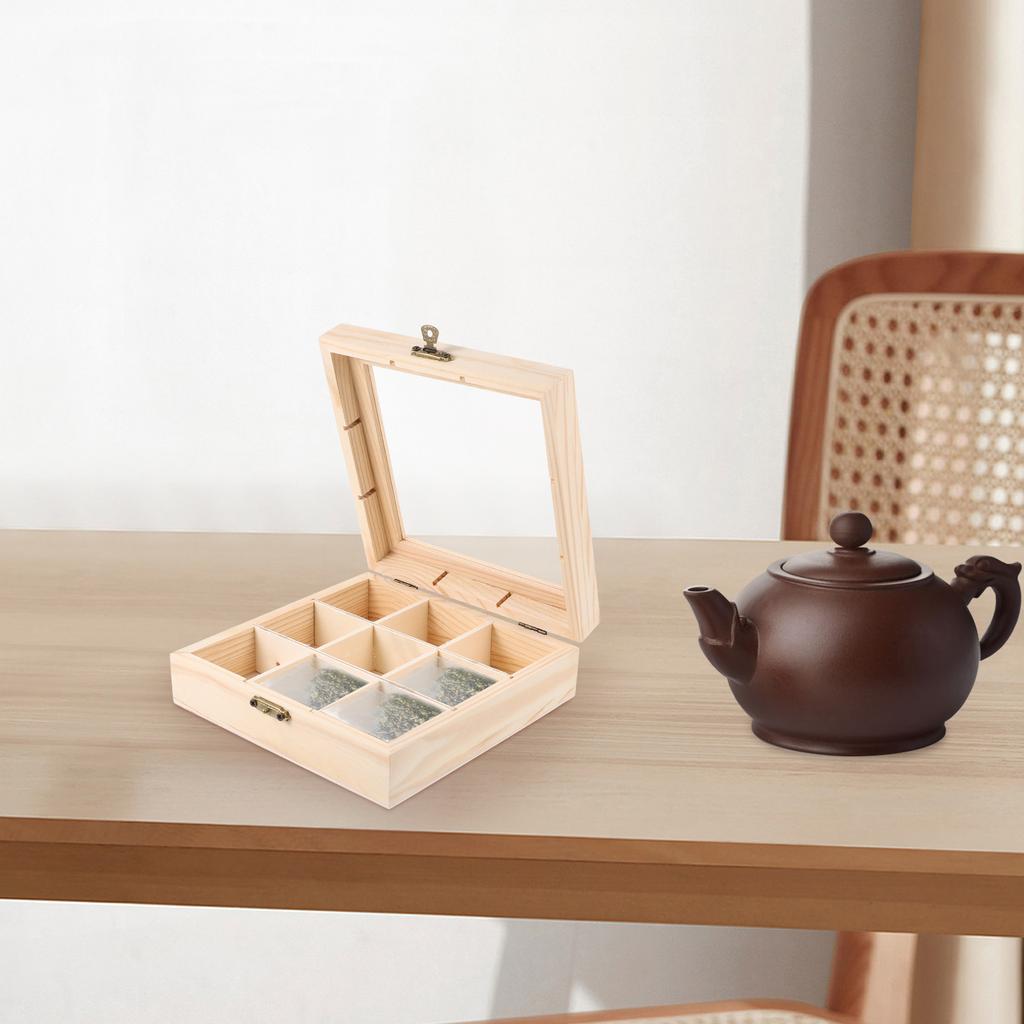 Wooden Tea Box 9 Grids Multifunctional Tea Storage Box 14.5X14.5X5cm Home Tea Bag Storage Boxes Holder Organizer For Jewelry