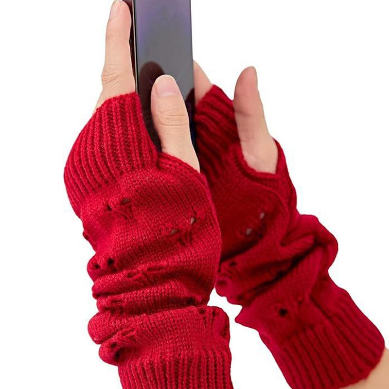 1Pair Fingerless Gloves Half-Finger Hollow Heart Soft Flexible Wool Warm Solid Color Knitted Cold-proof