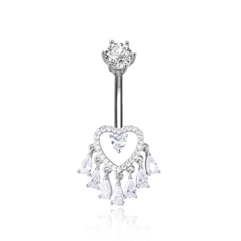 Anneaux de nombril en forme de cœur avec nœud et zircon, piercing de nombril avec pompons en strass, barre de nombril pour femmes, bijoux de corps