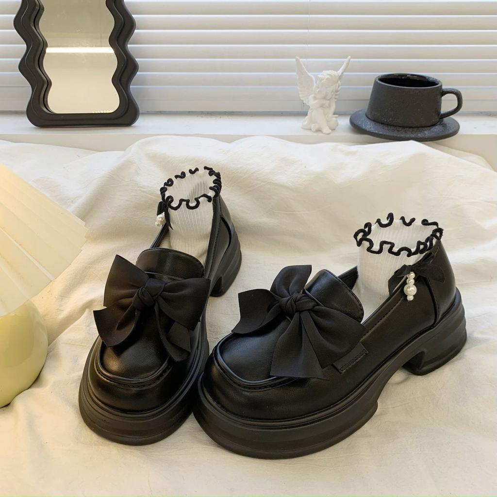 Women's Platform Leather Loafers with Bow Design Retro British Style Spring and Autumn Casual Shoes Fashion Footwear