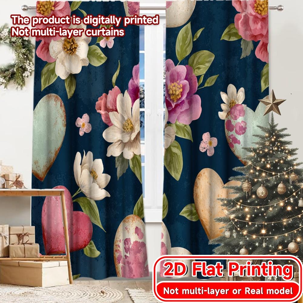 

Set Of 2 Flat Printing Floral Hearts Pattern Chic Creative Curtains Durable Polyester Fabric Versatile All Ldeal Made W100*H70(CM)-Grommet top&2PCS