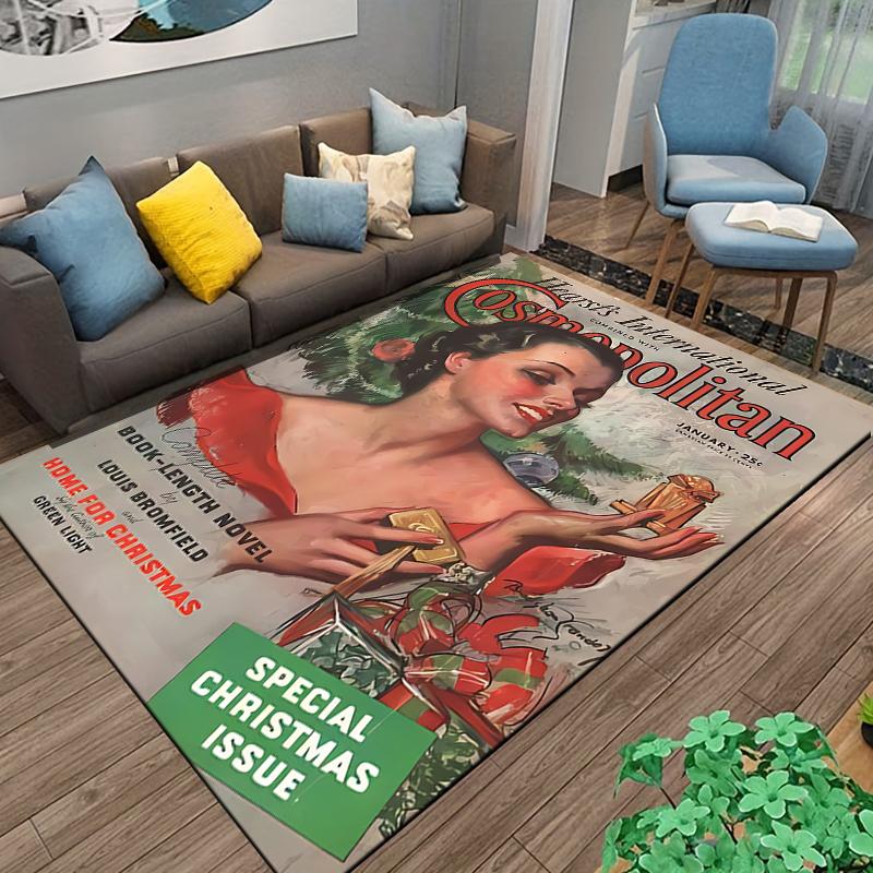 Cosmopolitan Vintage Christmas Magazine Cover Woman Gifts - Durable Decorative Rug travel poster scenic landscape print cozy accent for den reading
