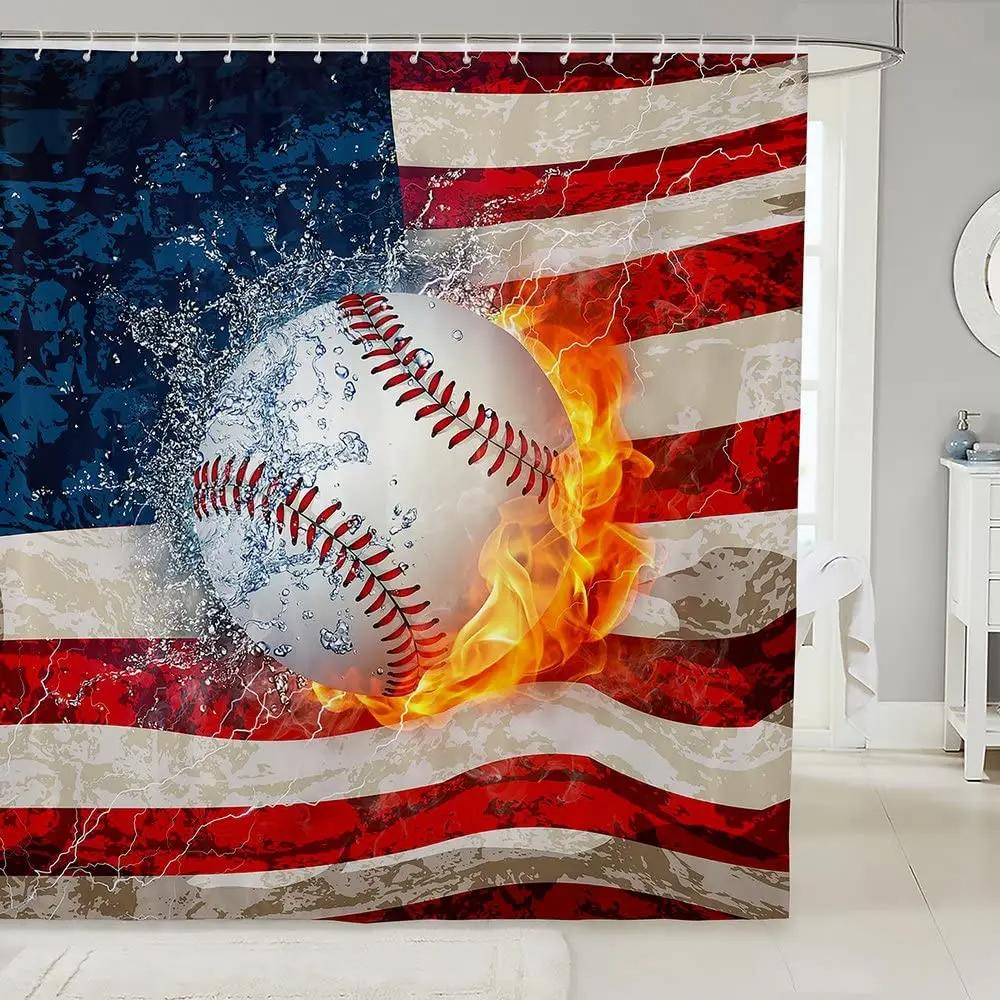 Baseball Shower Curtain Baseball Glove Sports Theme Polyester Fabric Bathtub Screen Home Decor Bathroom Curtains Set with Hooks