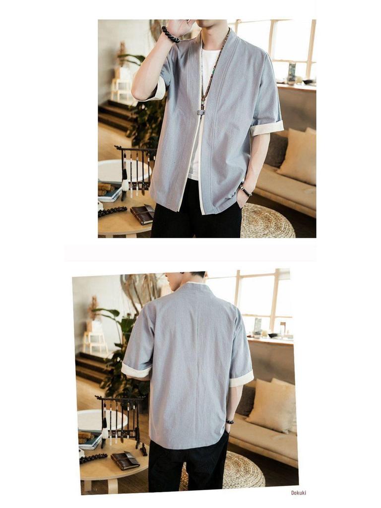 Herren Sommer Leinen Tang Anzug: Retro Chinesisches Kurzarm-T-Shirt mit Froschknöpfen