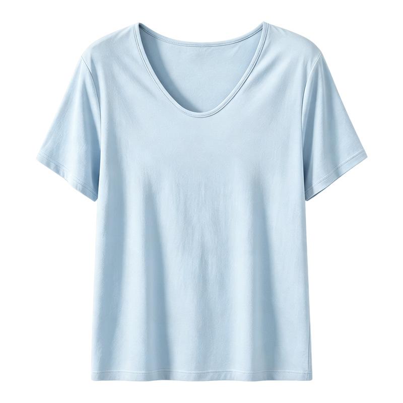 Women's Short Sleeve Top V Neck Casual Loose Fit Ice Silk Ribbed T-Shirt Solid Color Daily Wear Blouse