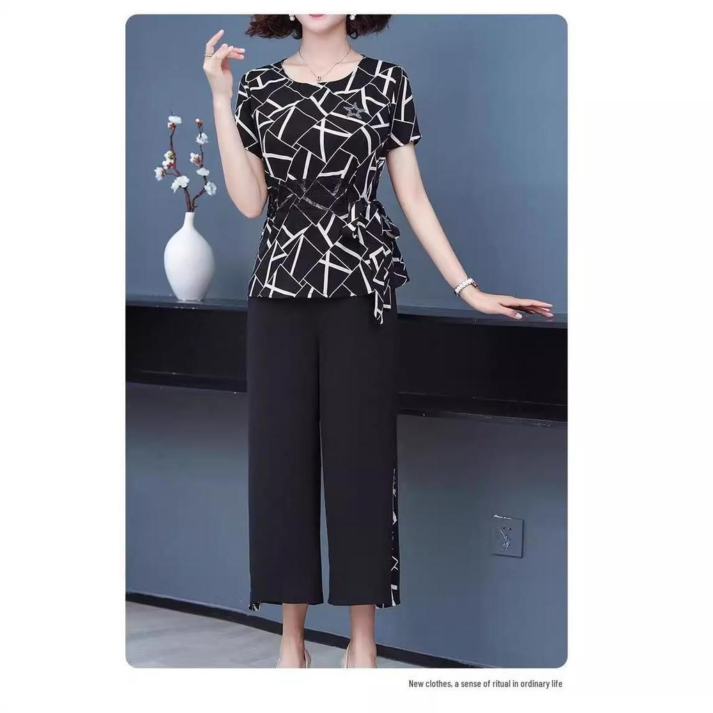 2024 Summer Chiffon Two-Piece Set: Short Sleeve Top & Nine-Point Pants for Moms