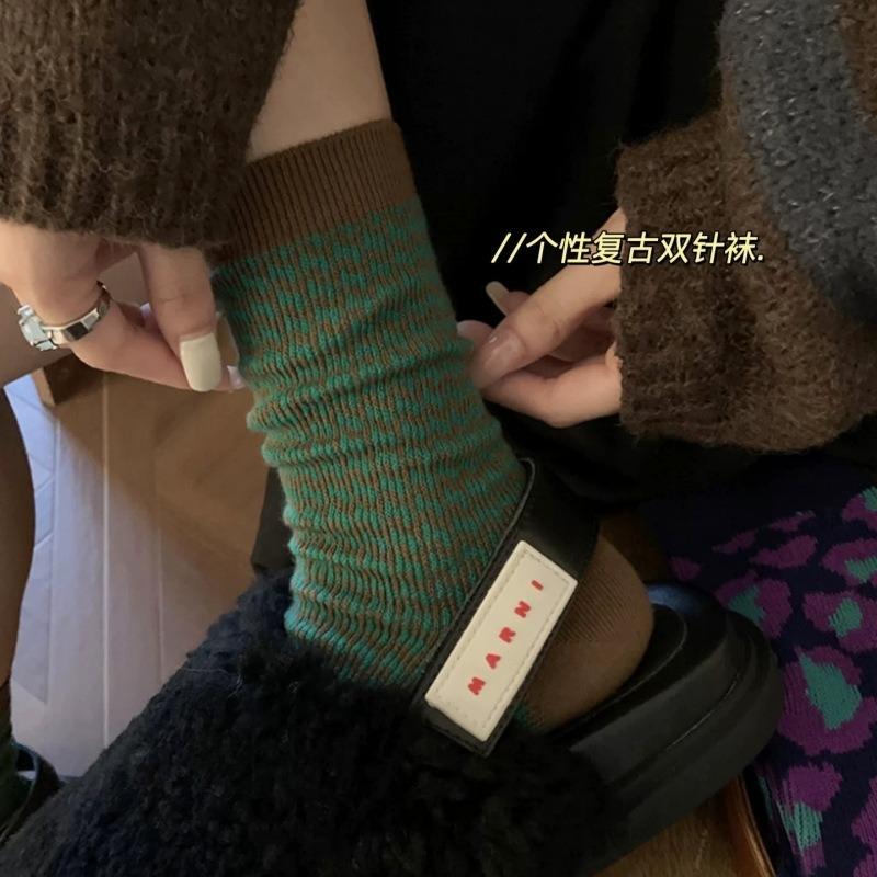 Retro Checkered Socks, Women's Striped Mid-calf Socks, Pile Socks