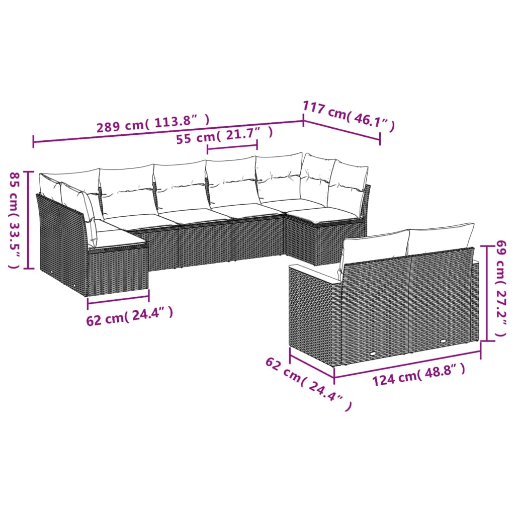 vidaXL 9 piece Garden Sofa Set with Cushions Black Poly Rattan