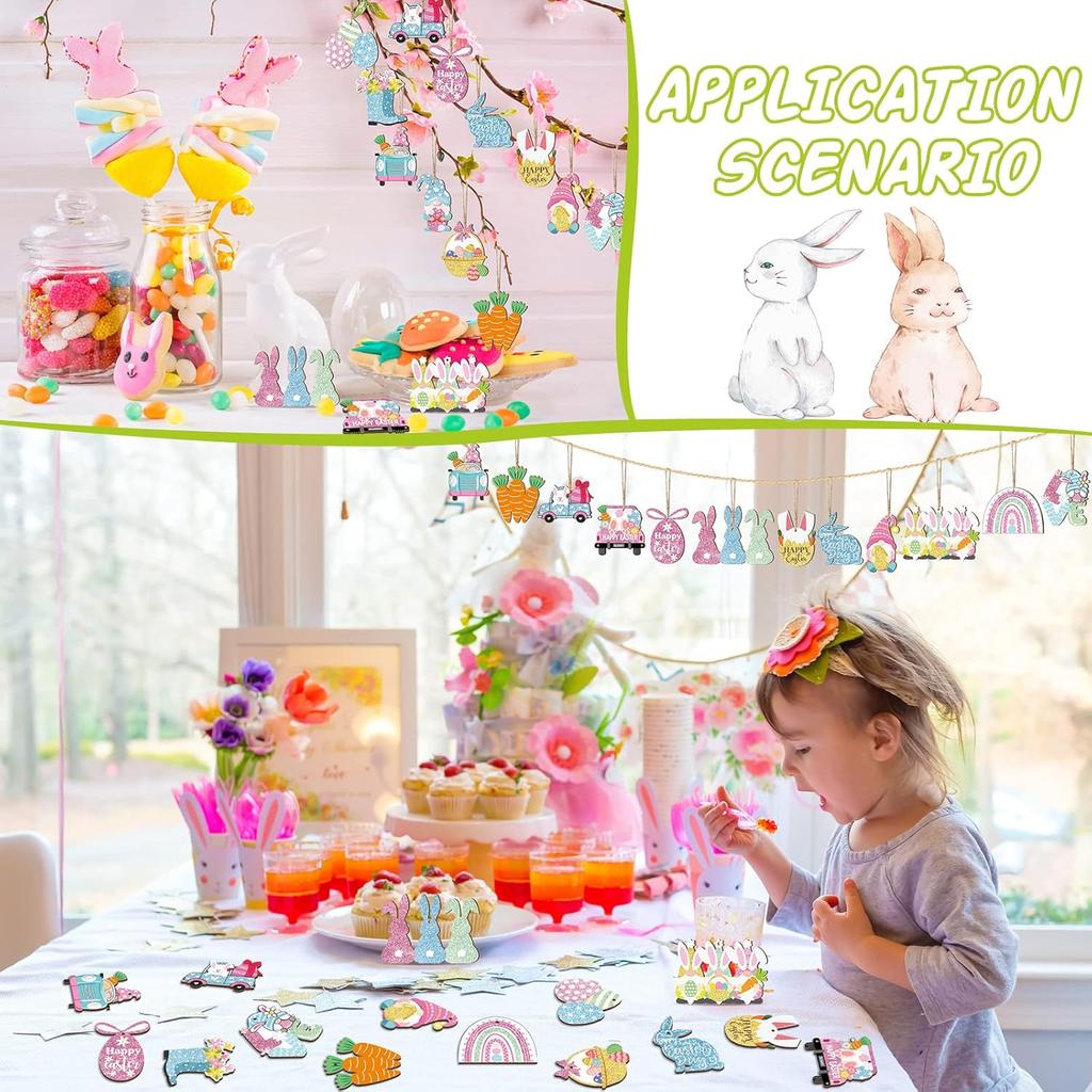 Kathfly 32 Pieces Easter Ornaments for Tree Pastel Spring Wooden Decorations Egg Gnome Bunny Carrot Basket Ornaments Hanging Spring Wood Cutouts