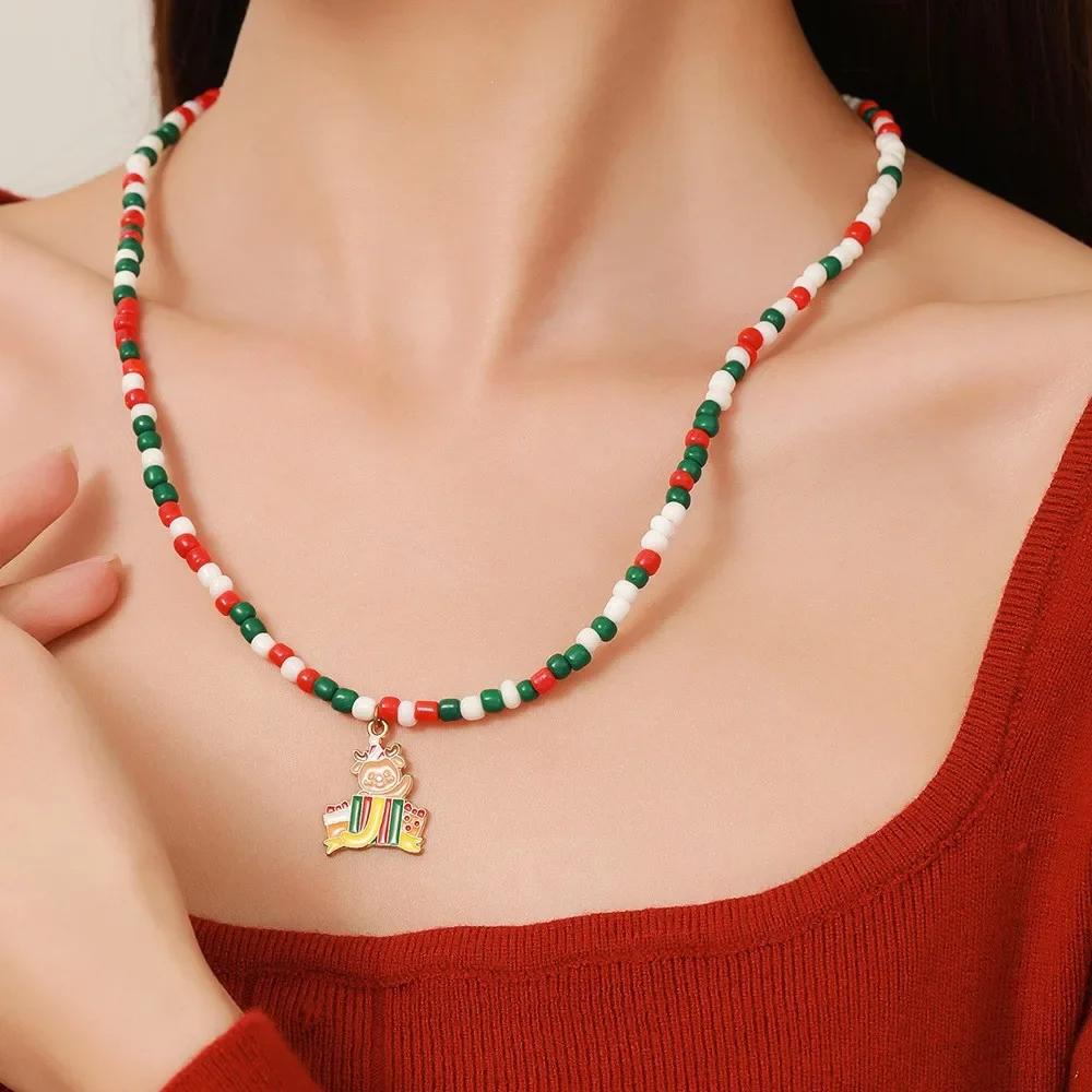Snowflake Christmas Tree Santa Claus Pendant Chokers Women's Christmas Colorful Beads Necklace Collarbone Chain Xmas Gifts