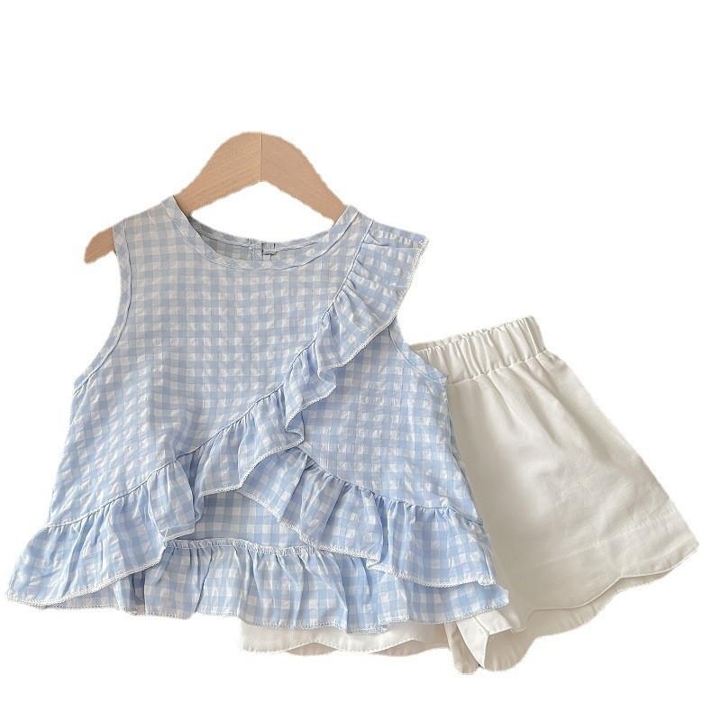 Adorable Blue And Black Princess Style Two Piece Set For Summer Girls Aged 3 To 8 Years