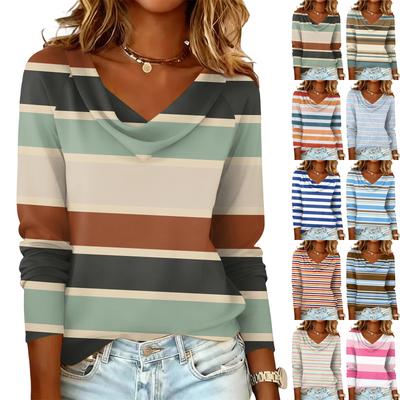 Ladies' Striped Printed Casual and Fashionable Long Sleeved Pullover Top